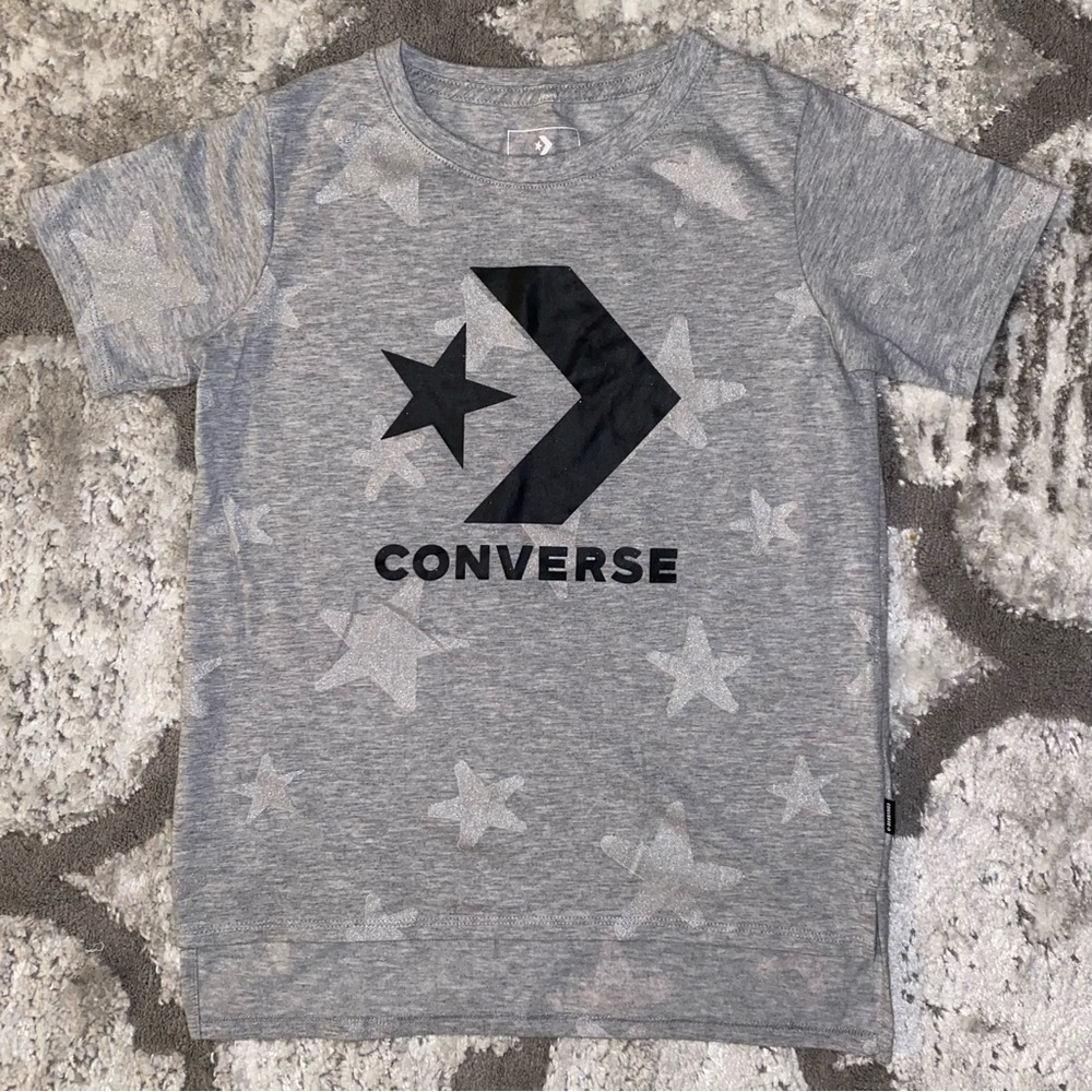Converse Heather Gray Black Large Logo With Stars Shirt Girls Size Medium 10-12